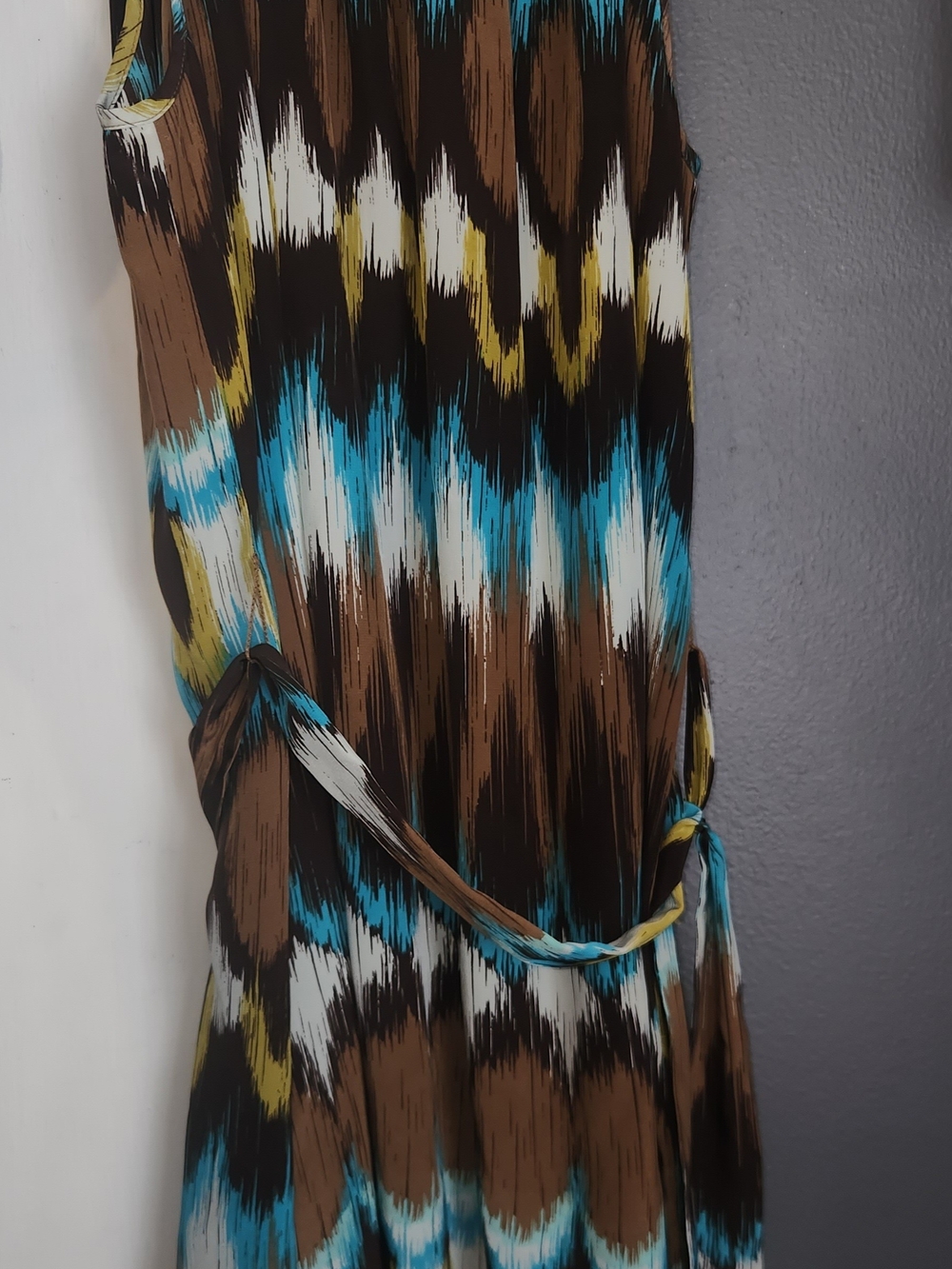 Banana Republic Brown Ikat Midi Dress with Teal and Yellow Accents
